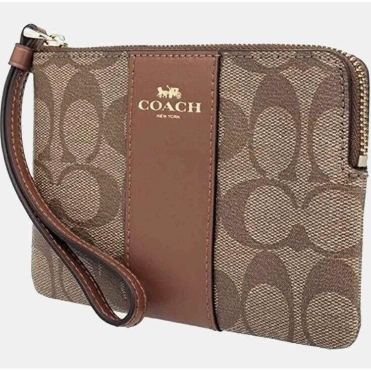 Coach Corner Zip Wristlet In Signature Canvas Khaki Saddle Brown - Handle/Strap: Brown, Hardware: Gold, Exterior: Khaki/Saddle Brown 2