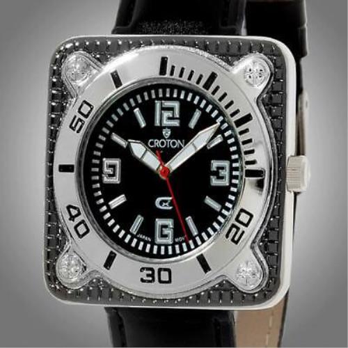 Croton CX328009SPRD Mens CX2 Black Analog Dial Leather Silver Square Watch