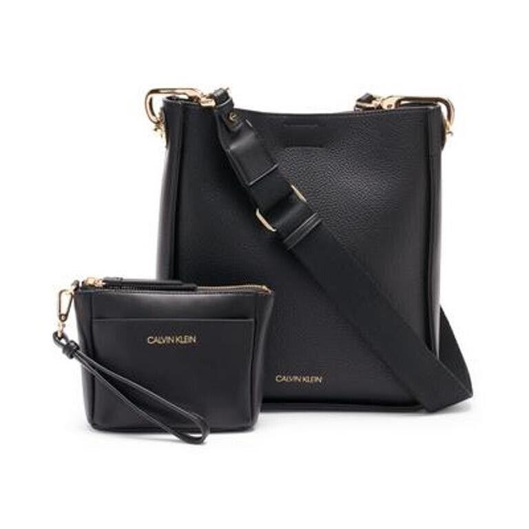 Calvin Klein Novelty Leather Bucket Bag and Wristlet Black Gold