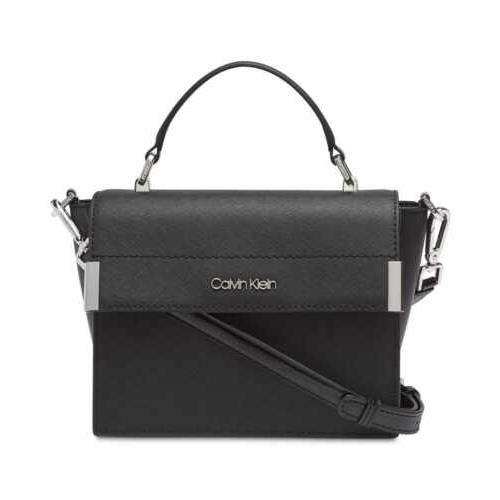 Calvin Klein Raelynn Saffiano Top Handle Flap Handbag Crossbody Black/silver