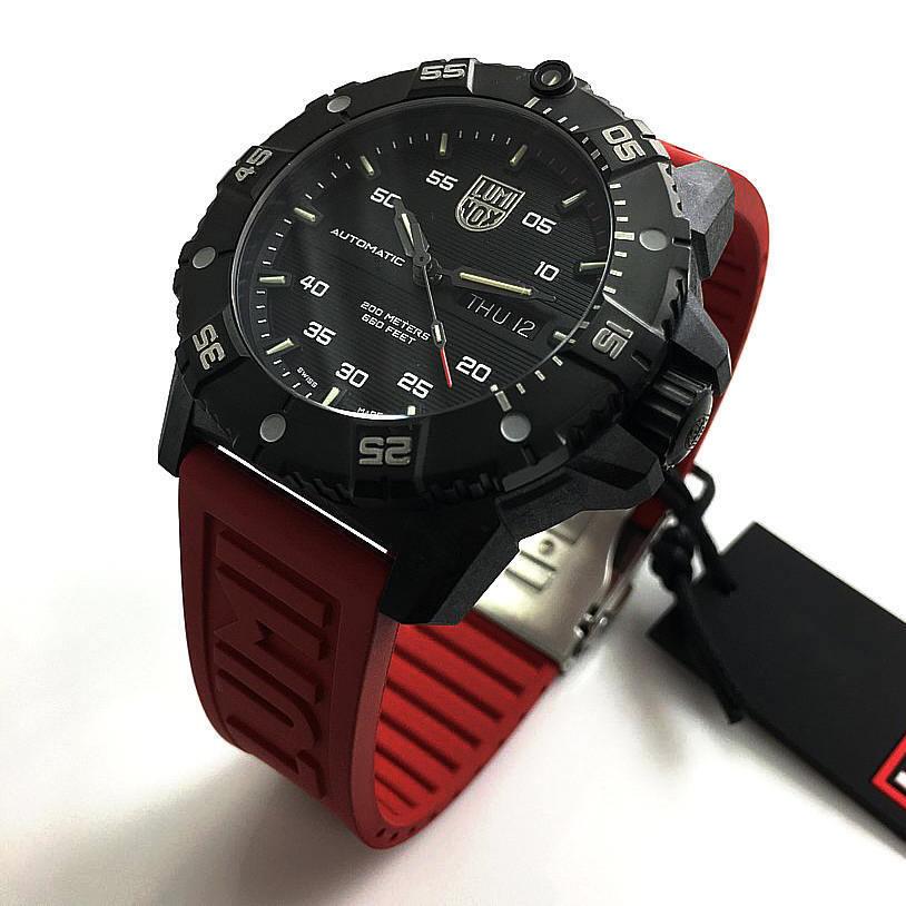 Men`s Luminox Carbon Seal Automatic Red Strap Swiss Dive Watch 3875