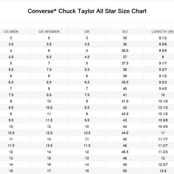 Converse shoe size chart youth best sale