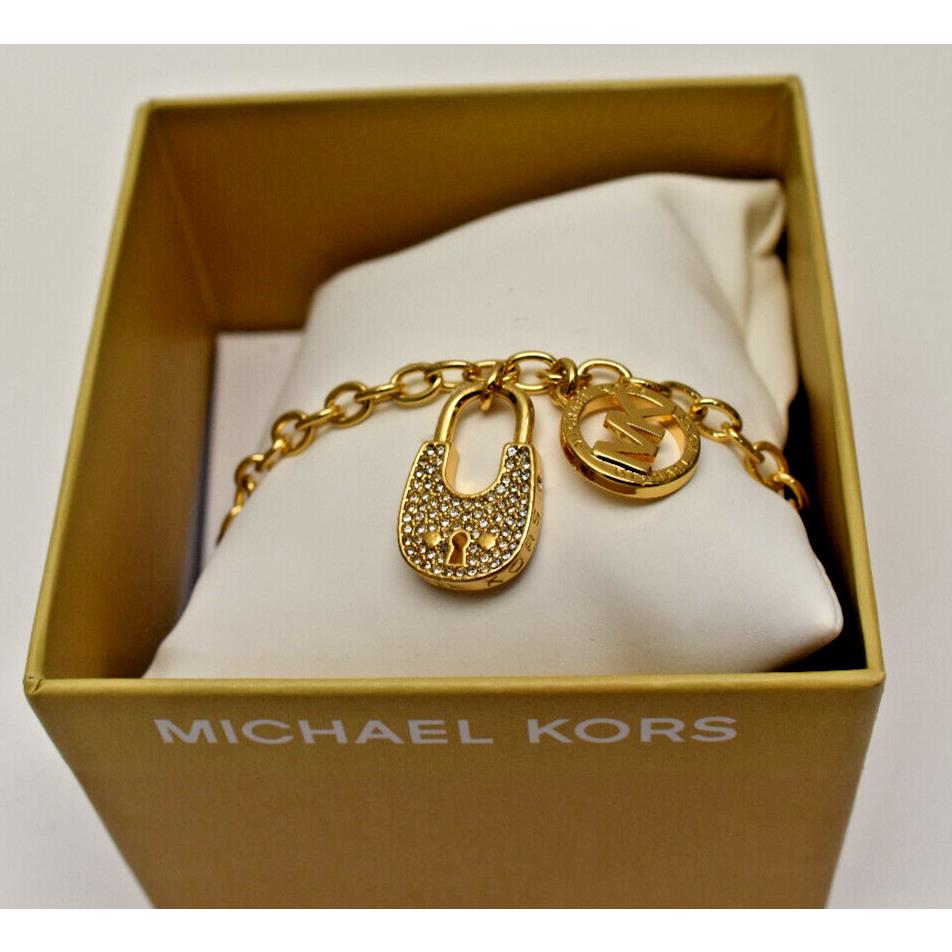 Michael Kors Pave Padlock Logo Chain Bracelet Goldtone Brass