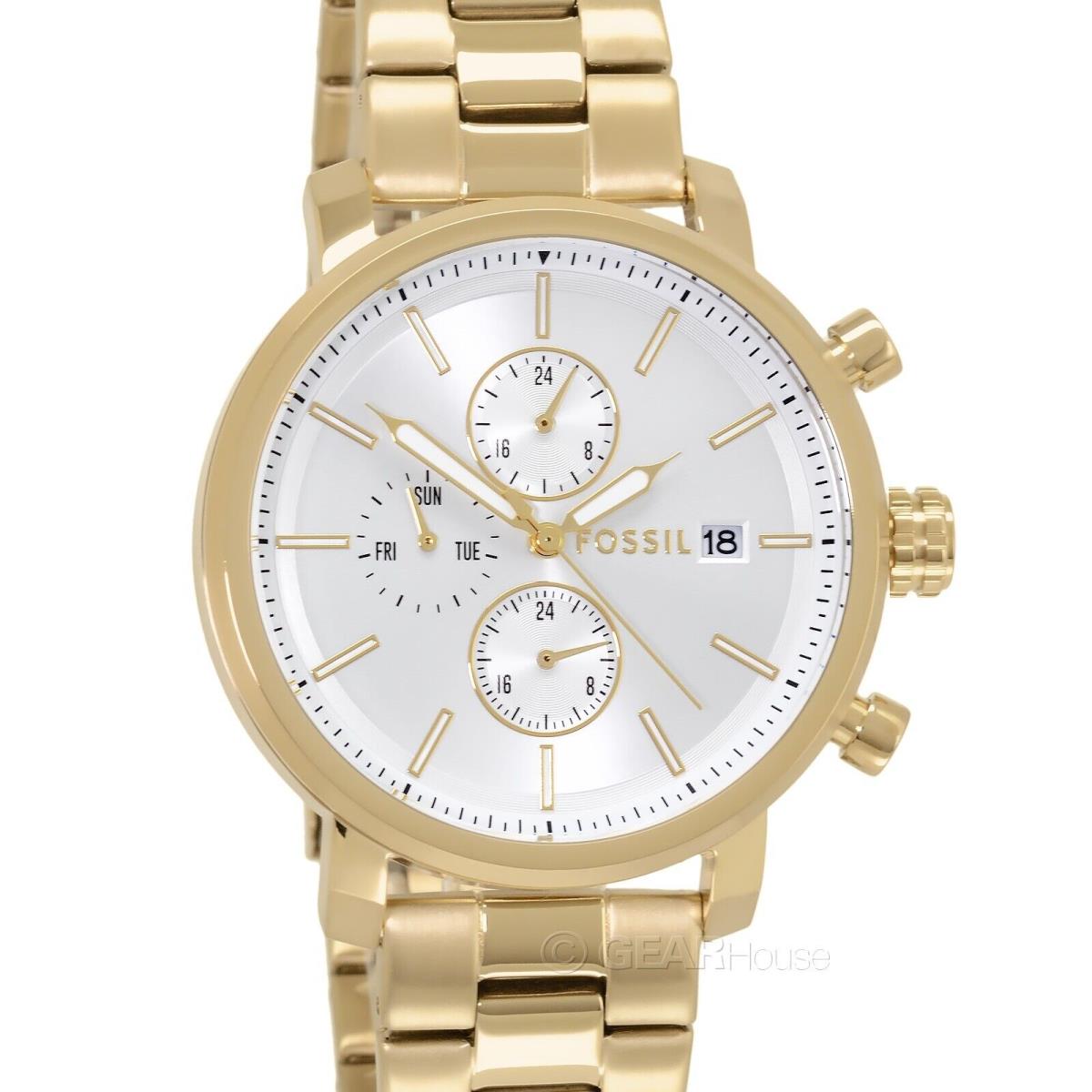 Fossil Rhett Mens Dual Time Multifunction Watch White Dial Gold Stainless Steel