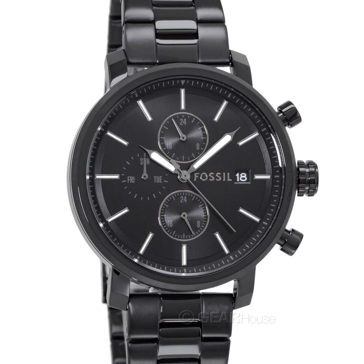 Fossil Rhett Mens Dual Time Multifunction Watch Black Dial Stainless Steel Band