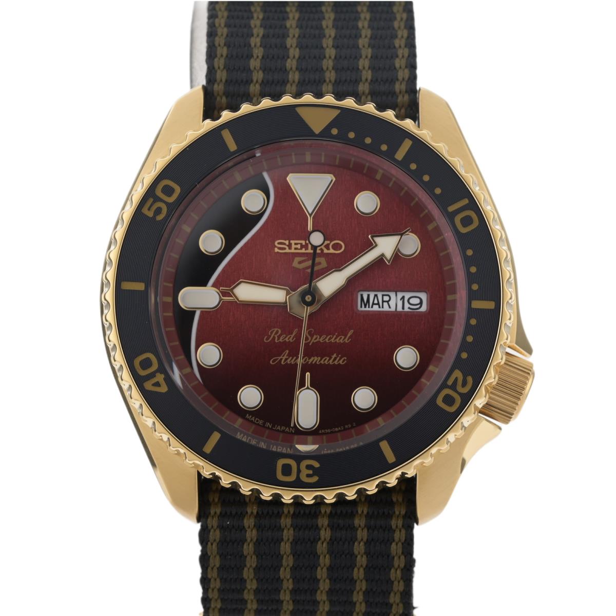 Seiko 5 Sports 4R36-12E0 Red Dial Brian May 42.5mm Men`s Watch Full Set