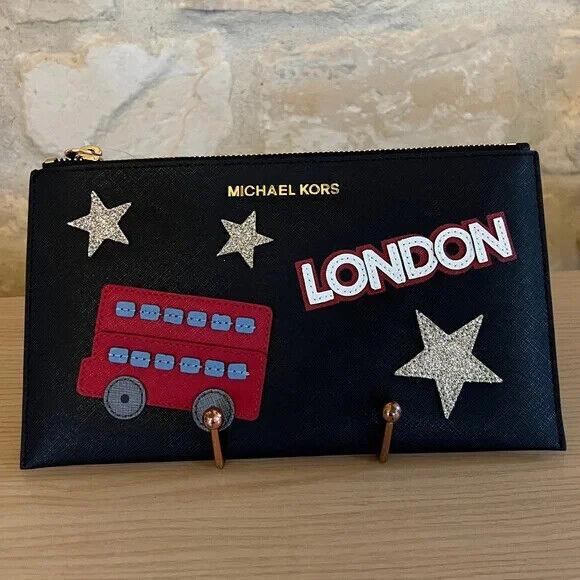 Michael Kors Leather Jet Set Travel XL Zip Clutch Various Colors and Designs Black+Gold+London