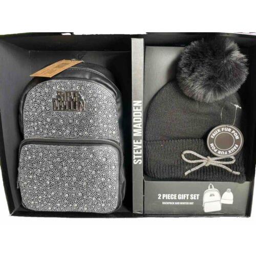 Steve Madden Backpack Gift Set 2 PC Purse Pom Beanie Rhinestone Sparkle