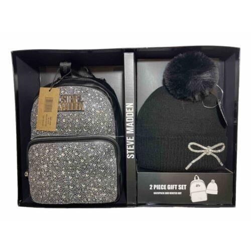 Steve Madden Purse Gift Set 2 PC Backpack + Pom Hat Sparkly Rhinestones