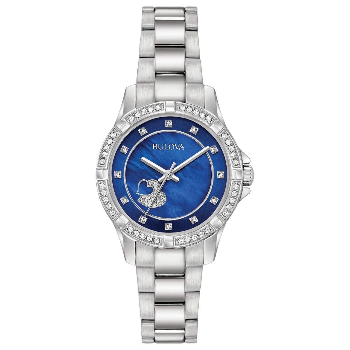 Bulova Women`s Crystal Quartz Gemmed Silver Stainless Steel Watch 30 MM 96L238 - Dial: Blue, Band: Silver, Bezel: Silver