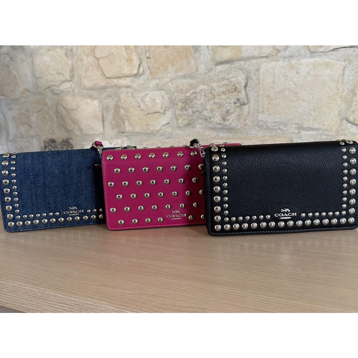 Coach Anna Foldover Clutch Crossbody with Rivets Pebble Cerise Black Denim