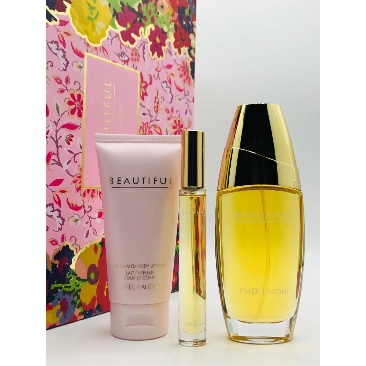 Estee Lauder Beautiful 3pc Set Parfum Spray 2.5 oz Body Lotion 2.5 oz Mini Spray