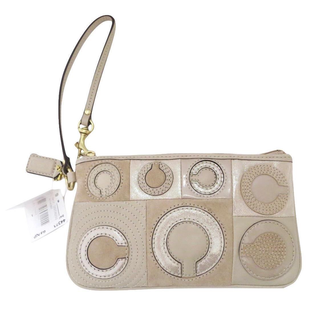 Coach Signature Rare Beige Suede Patent Leather XL Wristlet Wallet