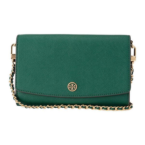 Tory Burch Robinson Leather Wallet On A Gold Chain Malachite Green