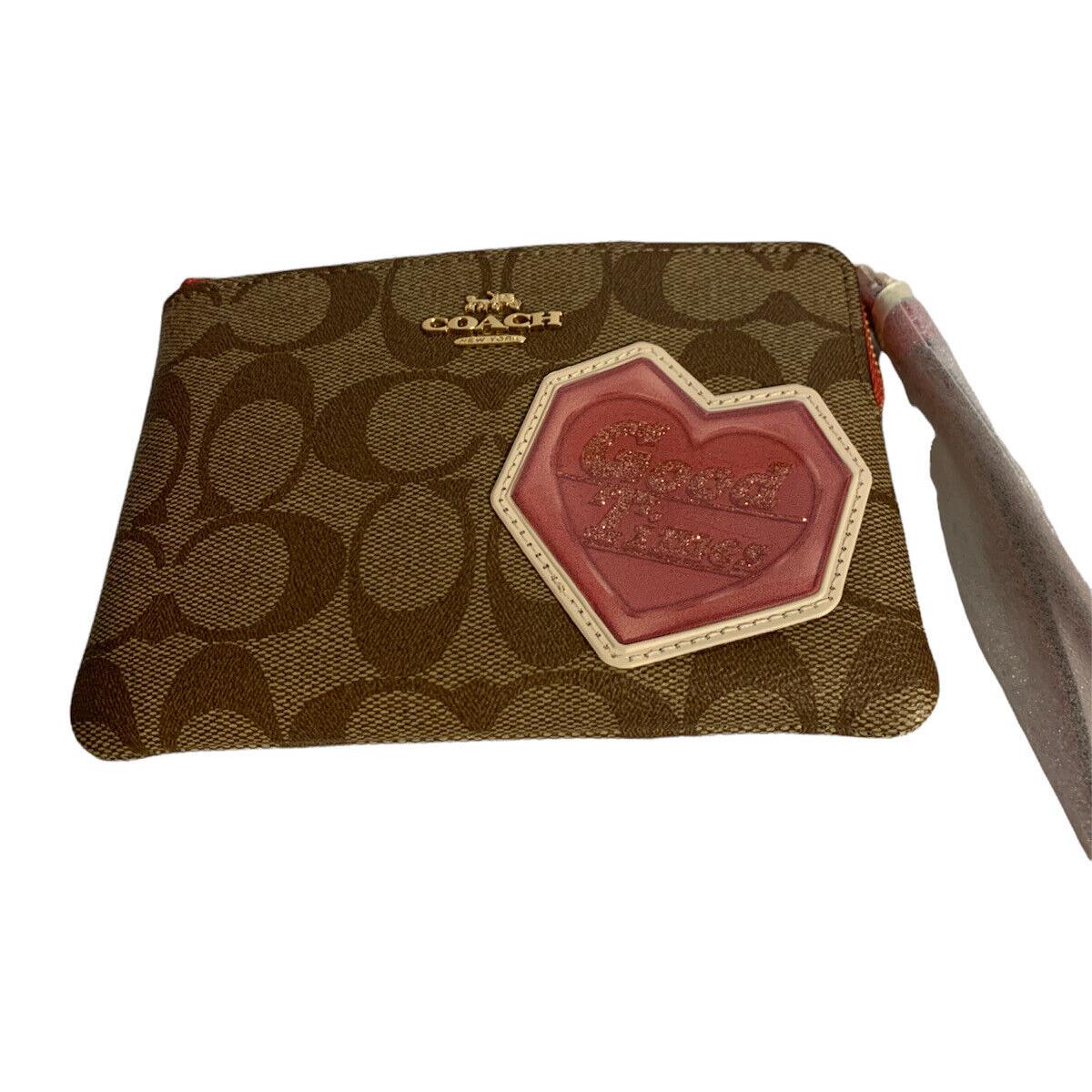 Coach Corner Zip Wristlet In Signature Canvas with Disco Heart Patch C7290