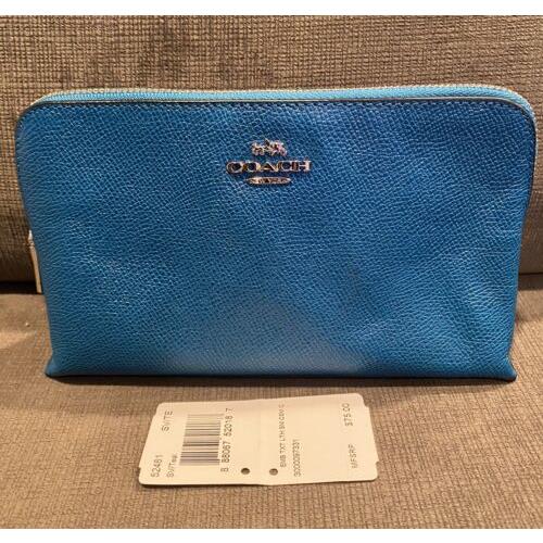 Coach Leather Sv/teal Embossed Zip Top Clutch Accessory Cosmetic Case