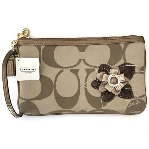 Coach Signature Logo Wristlet with Flower Khaki