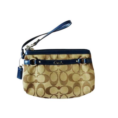 Coach Signature Khaki Jacquard Navy Medium Wristlet 48299 Retail