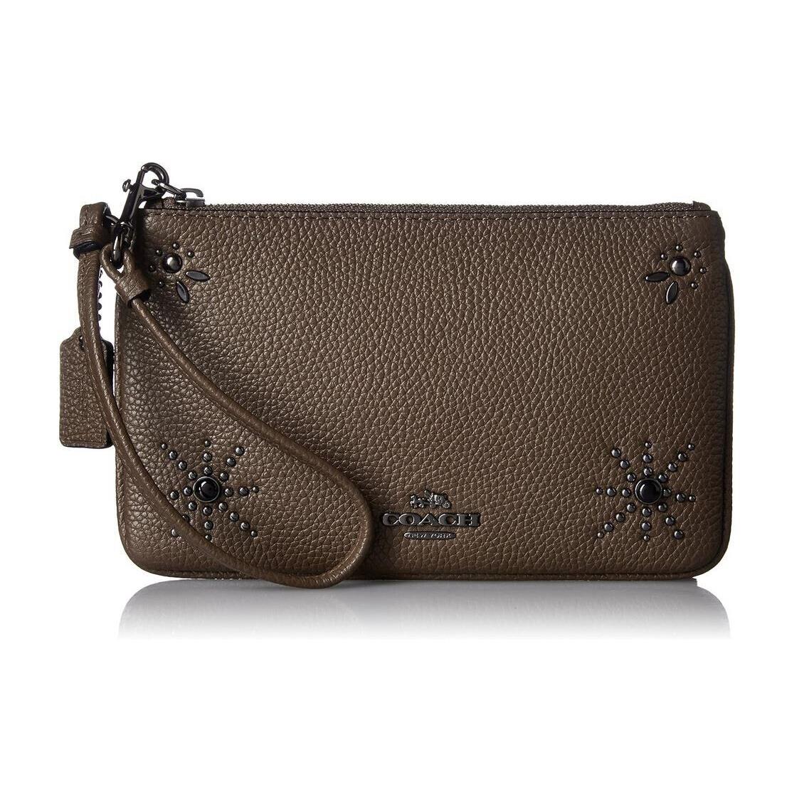 Coach Pebble Leather Western Rivets Medium Wristlet Dark Fatigue/olive 56530