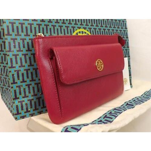 Tory Burch Robinson Saffiano Raspberry Leather Reva Pouch Clutch Zip Wallet