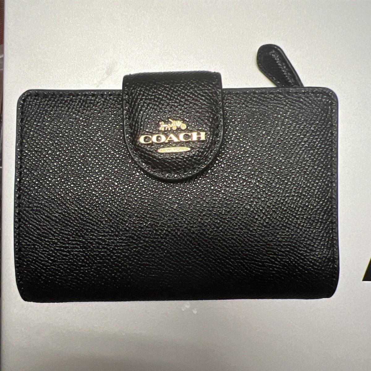 Coach Single Fold Leather Wallet - Black Gold Hardware - Black