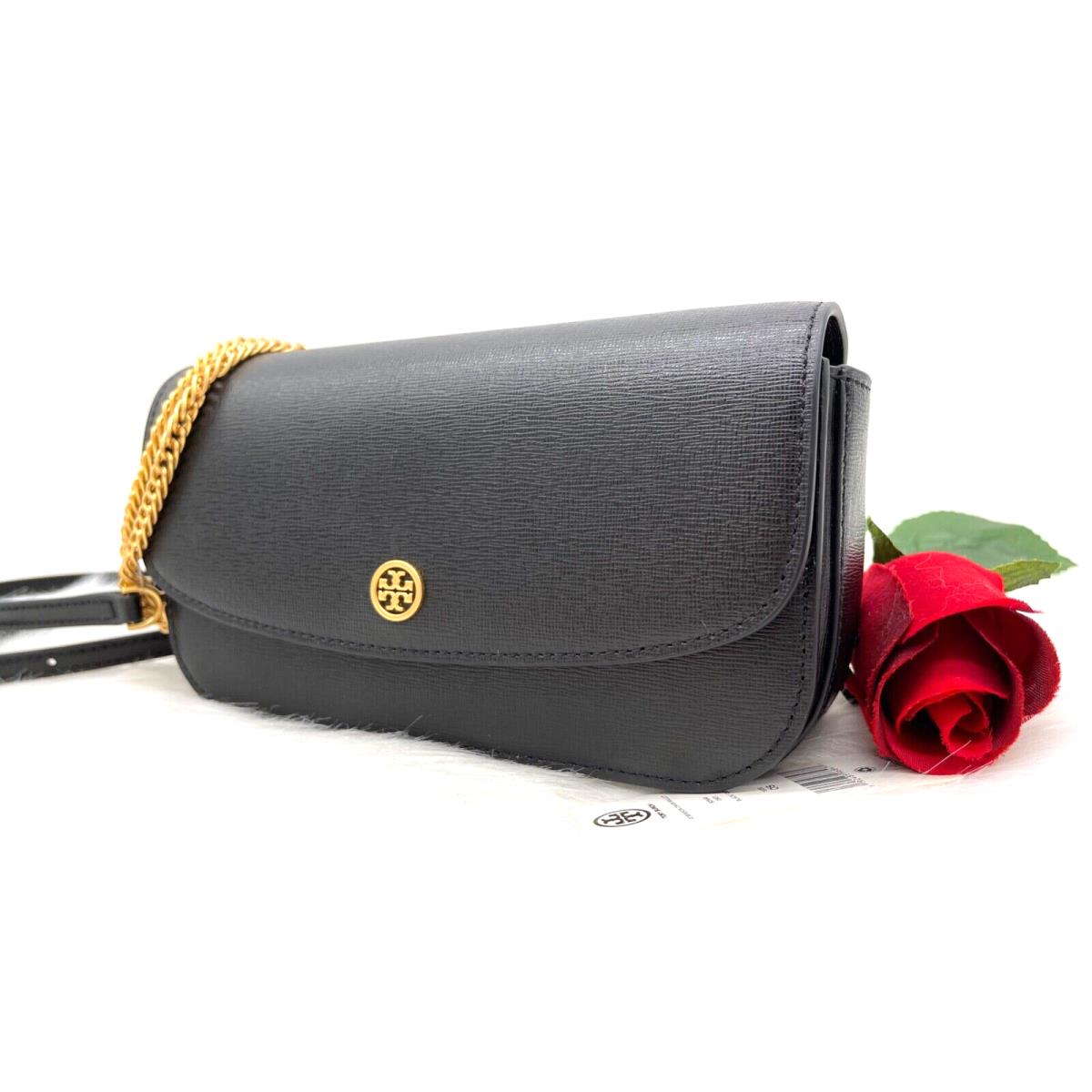 Tory Burch Robinson Saffiano Leather Chain Wallet In Black