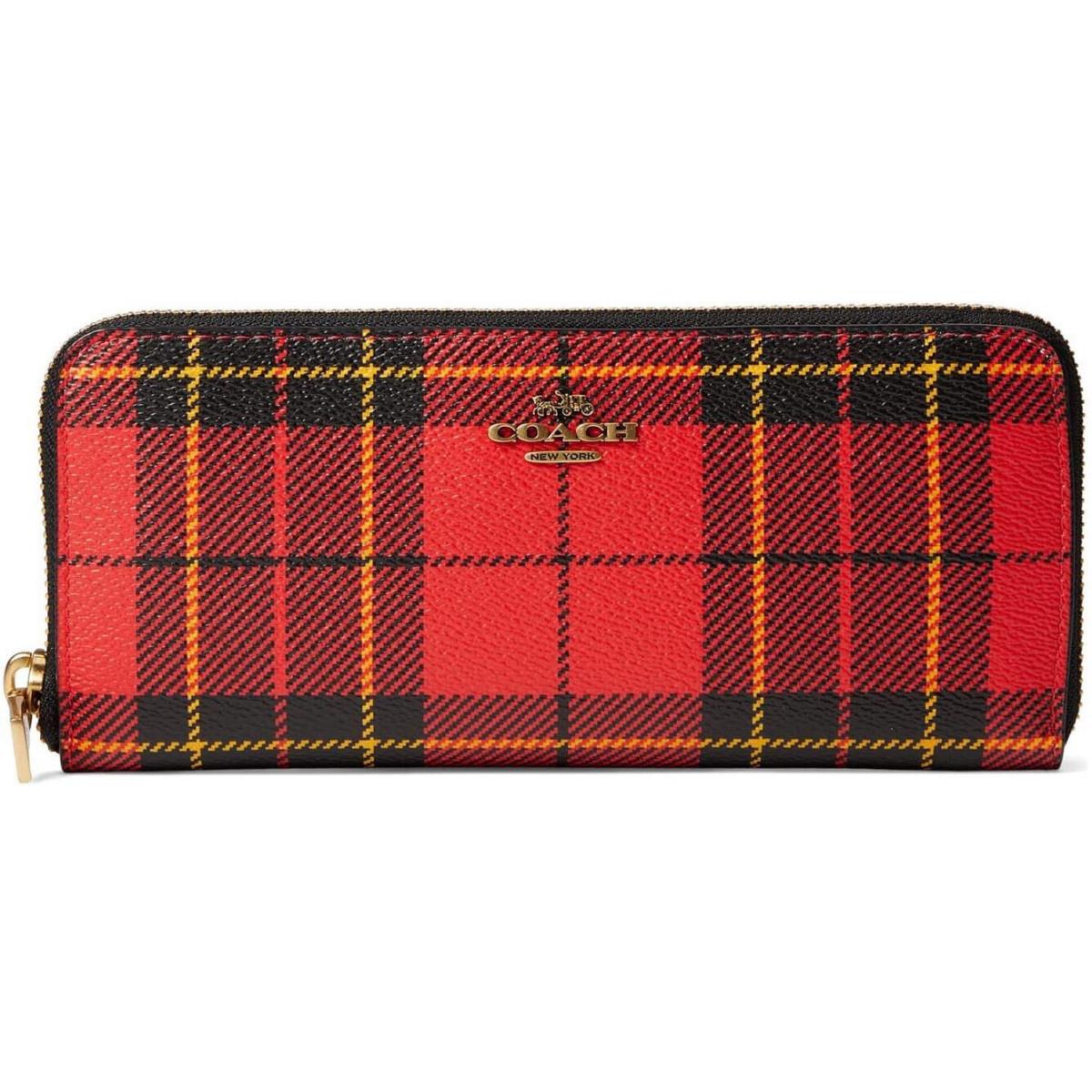 in Gift Box Coach Canvas Plaid Print Slim Accordion Zip Red Multi Wallet - Hardware: Gold, Exterior: Red