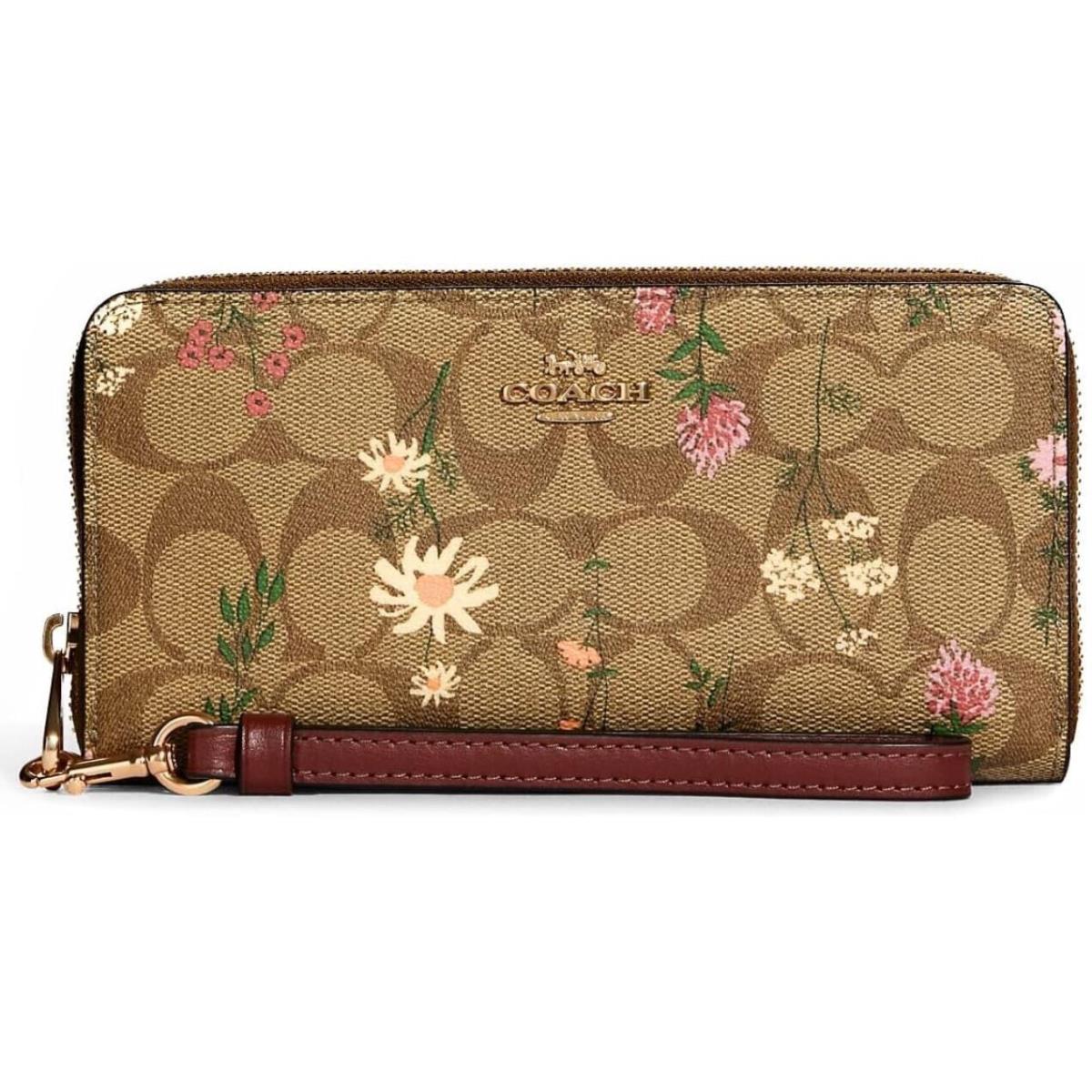 Coach Coated Canvas Signature Wildflower Long Zip Around Wallet Khaki Multi C8736 - Handle/Strap: Brown, Hardware: Gold, Exterior: