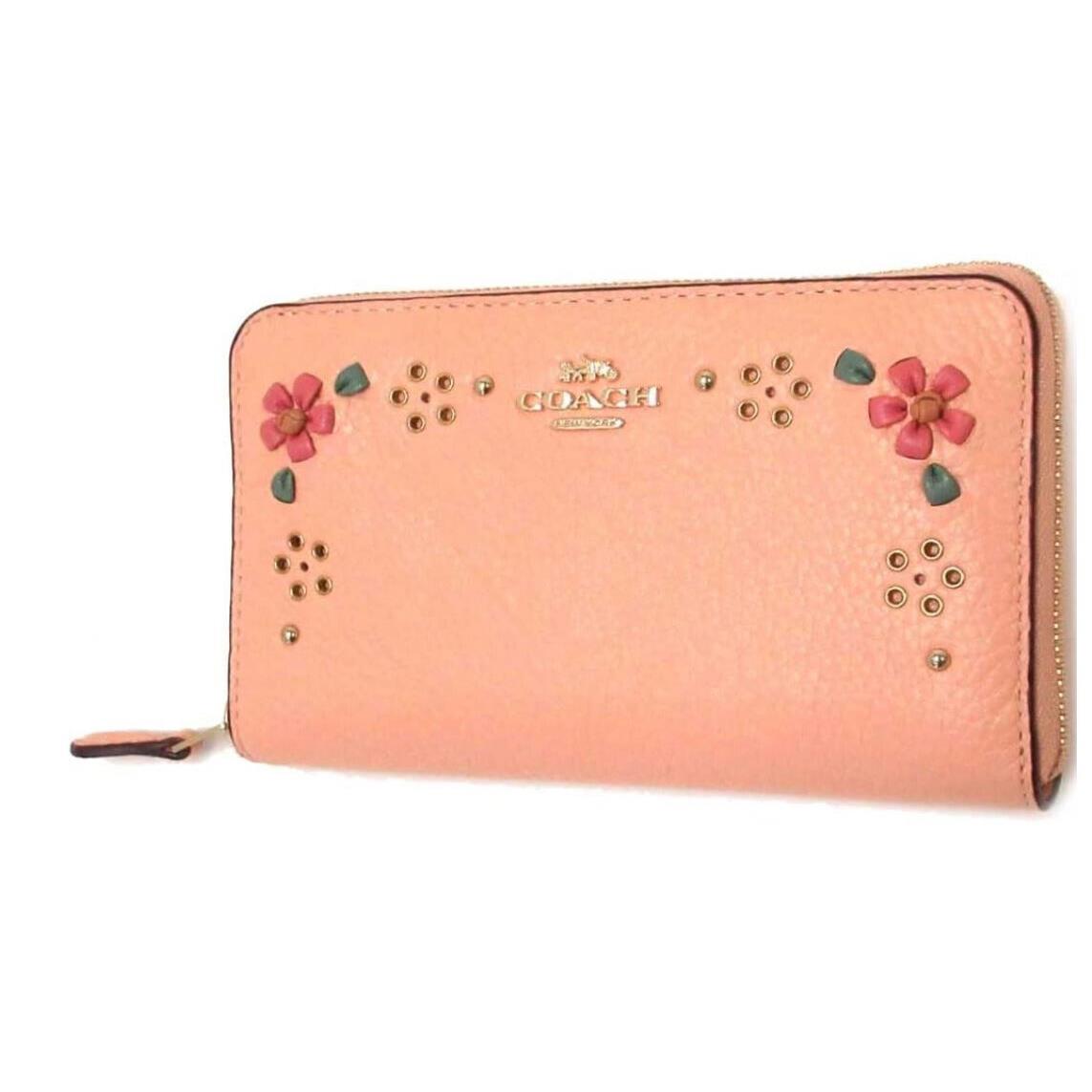 Coach Floral Whipstitch Leather Zip Around Med Wallet Gold/faded Blush CA025