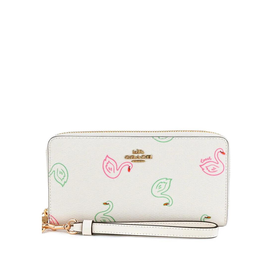 Coach Long Zip Around Wallet with Swan Print - Chalk Multi - C8384