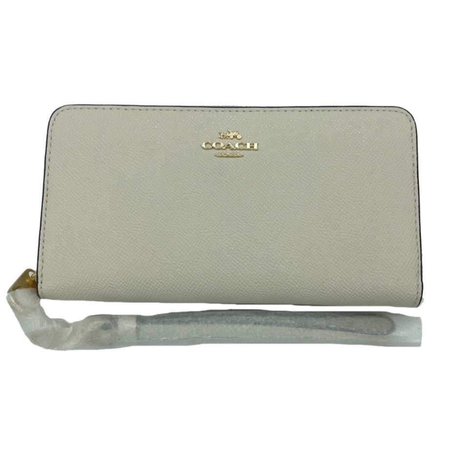 Coach Long Zip Around Wallet Pebbled Leather Gold Hardware Chalk White Wristlet