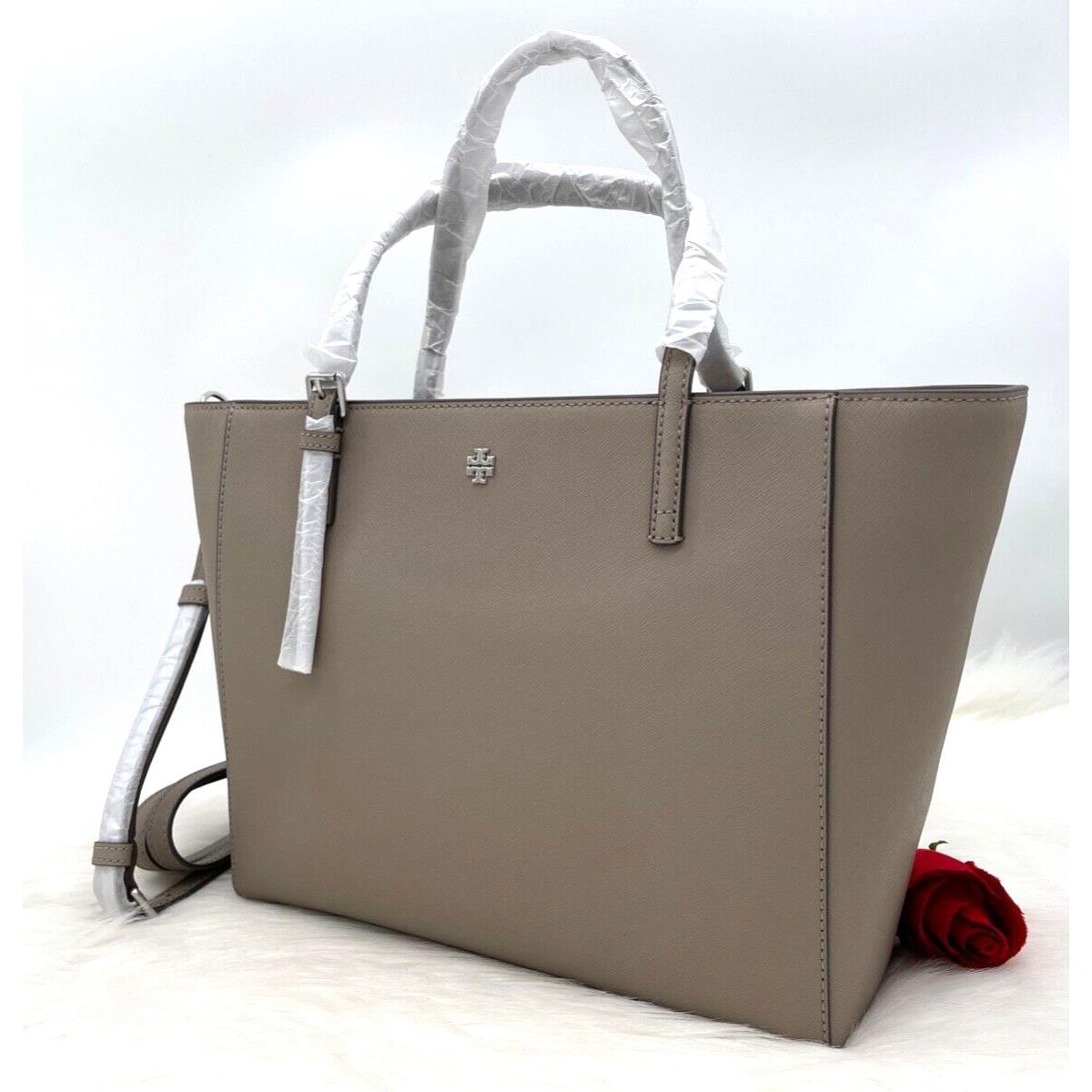 Tory Burch Emerson Small Zip Top Saffiano Leather Tote Crossbody- Grey