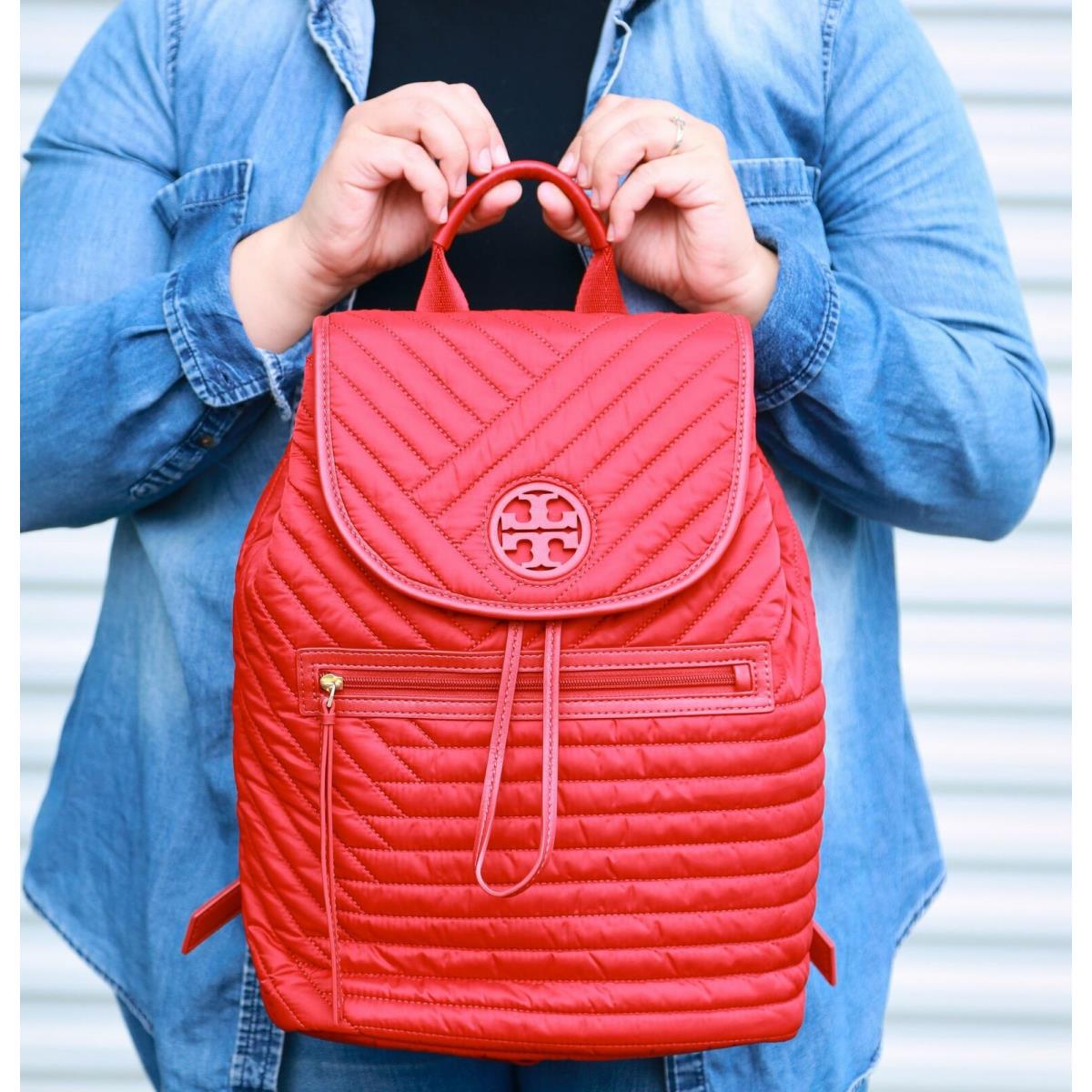 Tory Burch Ella Quilted Nylon Backpack Red