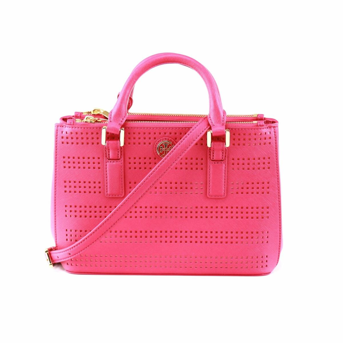 Tory Burch Perforated Logo Classic Double Zip Tote Carnation Red