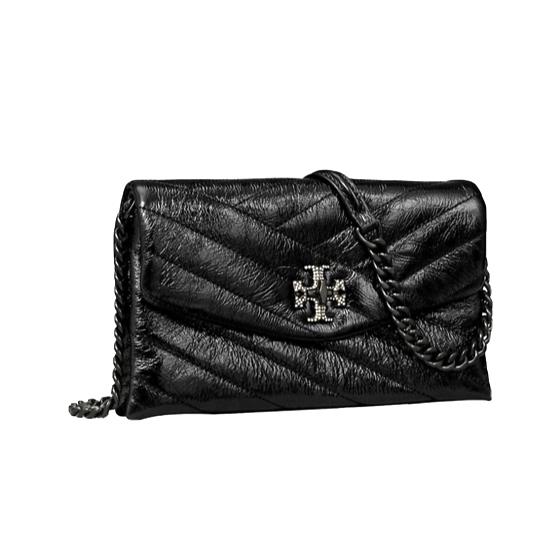 Tory Burch Kira Chevron Metallic Leather Logo Chain On Wallet/blk