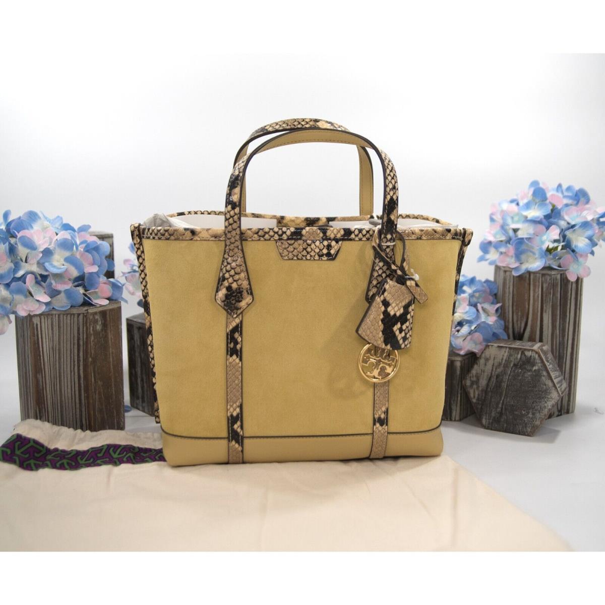 Tory Burch Perry Cornbread Suede Exotic Snake Small Triple Compartment Tote