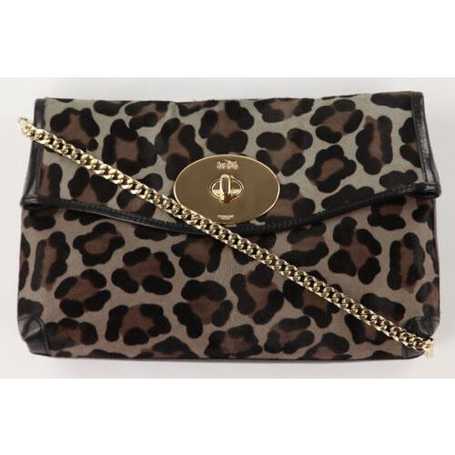 Coach Women`s Brown Multi Ocelot Printed Haircalf Turn Lock Chain Clutch Crossb