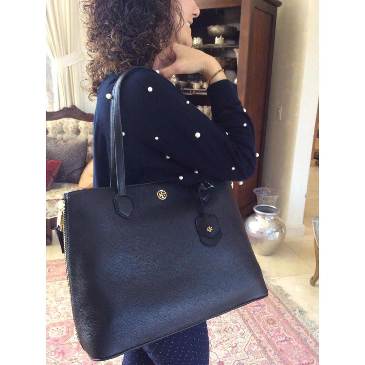 Tory Burch Robinson Pebbled Side Zip Tote Black Handbag