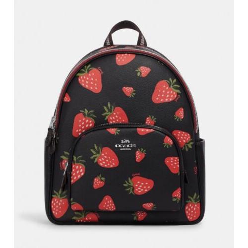 Coach Court Backpack with Wild Strawberry Print Silver/black Multi