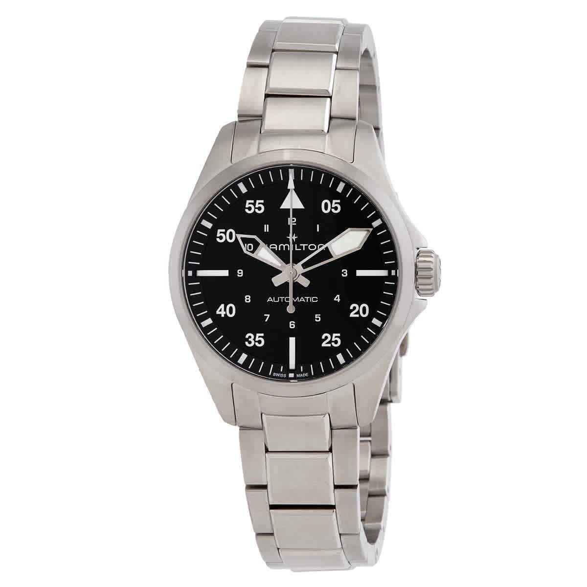 Hamilton Khaki Aviation Automatic Black Dial Ladies Watch H76215130 - Dial: Black, Band: Silver-tone, Bezel: Silver-tone