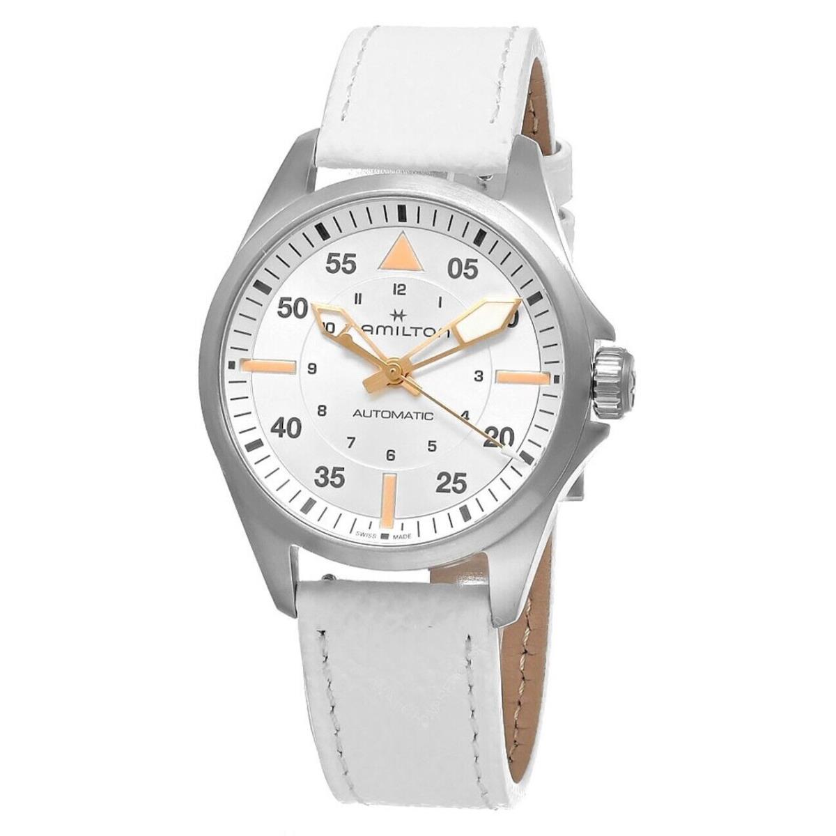 Hamilton Kkhaki Aviation Pilot Automatic 36MM Women`s Watch H76215850 - Dial: Silver, Band: White, Bezel: Silver