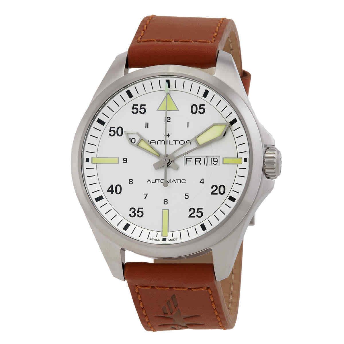 Hamilton Khaki Aviation Automatic Silver Dial Men`s Watch H64635550 - Dial: Silver, Band: Brown, Bezel: Silver-tone