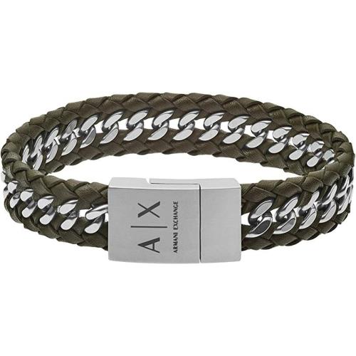 Armani Exchange Aged Silver Military Green Leather Chain Bracelet AXG0040