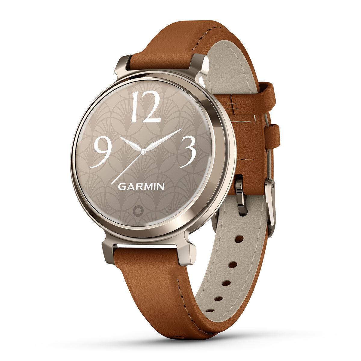 Garmin Lily 2 Stylish Fitness Smartwatch For Women with or Without Garmin Pay Classic - Cream Gold/Tan Leather | With Garmin Pay