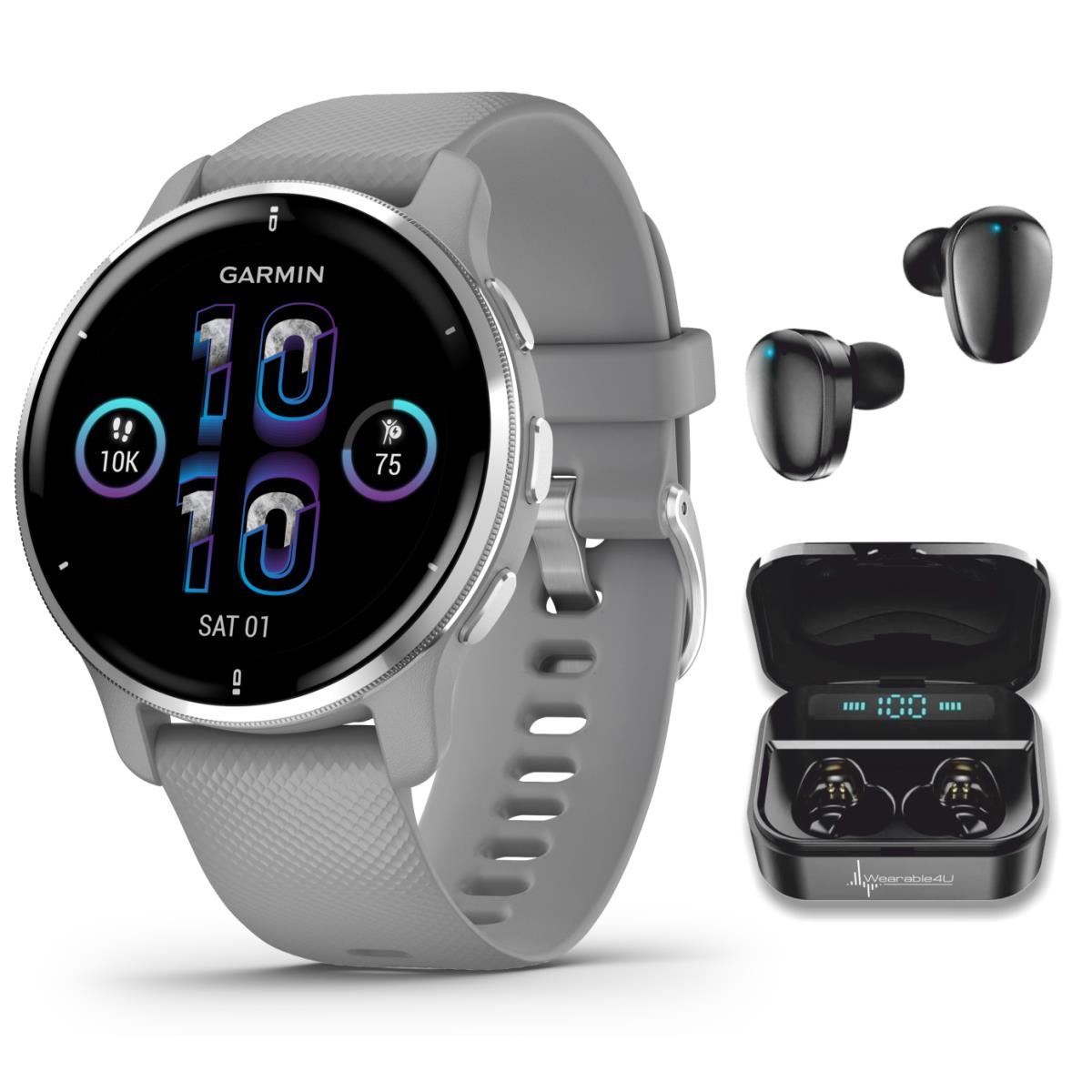 Garmin Venu 2 Plus Gps Multisport Smartwatch with Wearable4U Earbuds Silver+Black EarBuds