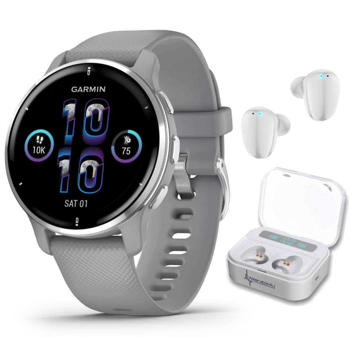 Garmin Venu 2 Plus Gps Multisport Smartwatch with Wearable4U Earbuds Silver+White EarBuds