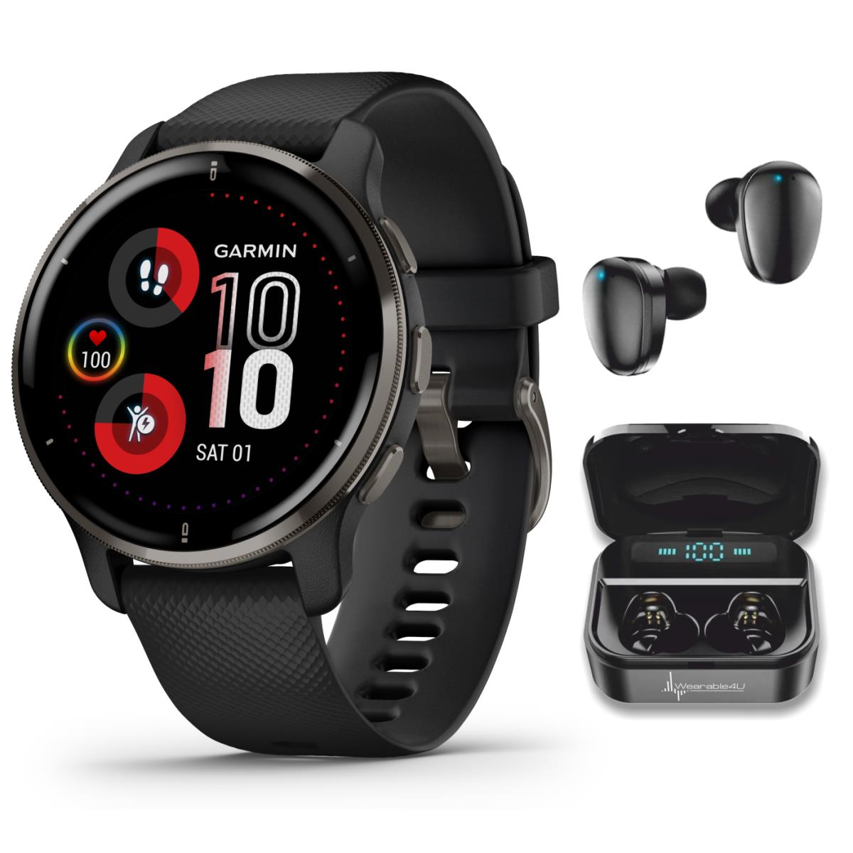 Garmin Venu 2 Plus Gps Multisport Smartwatch with Wearable4U Earbuds Slate+Black EarBuds