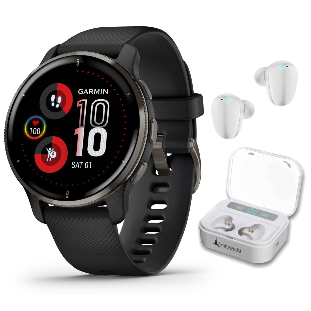 Garmin Venu 2 Plus Gps Multisport Smartwatch with Wearable4U Earbuds Slate+White EarBuds
