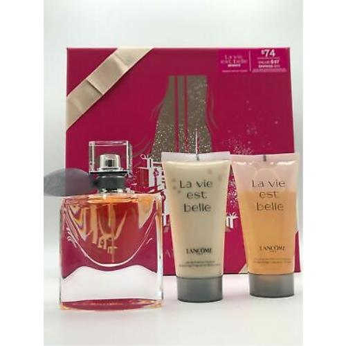 Lancome La Vie Est Belle 3pc Set Women Parfum Spray 1.0 oz Body Lotion Showergel