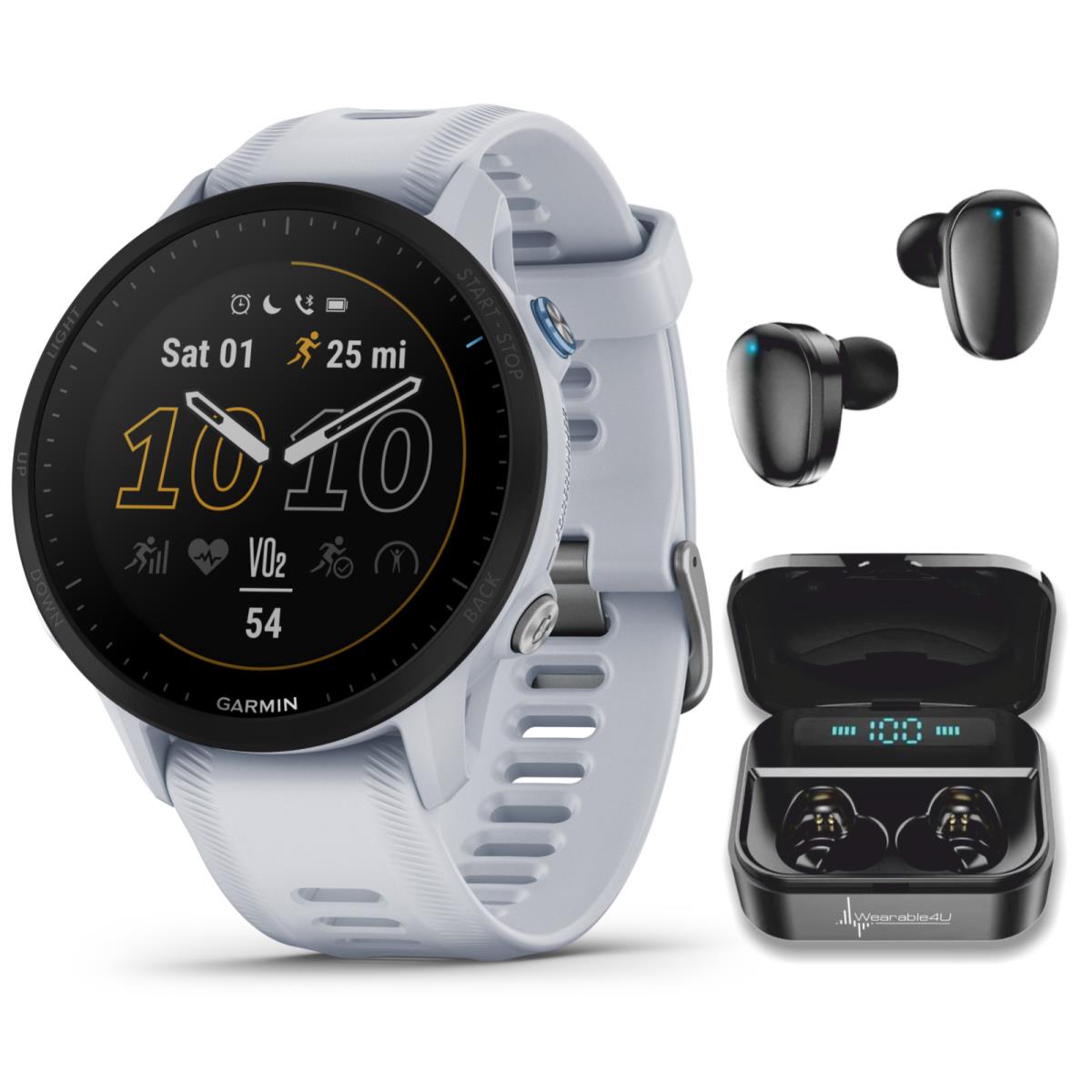 Garmin Forerunner 955 Gps Running Smartwatch Whitestone with Black Earbuds